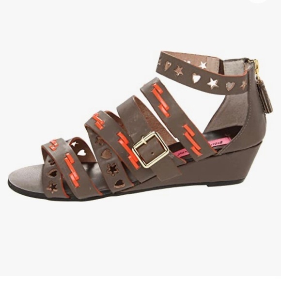 Betsey Johnson Neon Bollt Strappy Gladiator Leather Wedges Stars Hearts - Picture 1 of 11